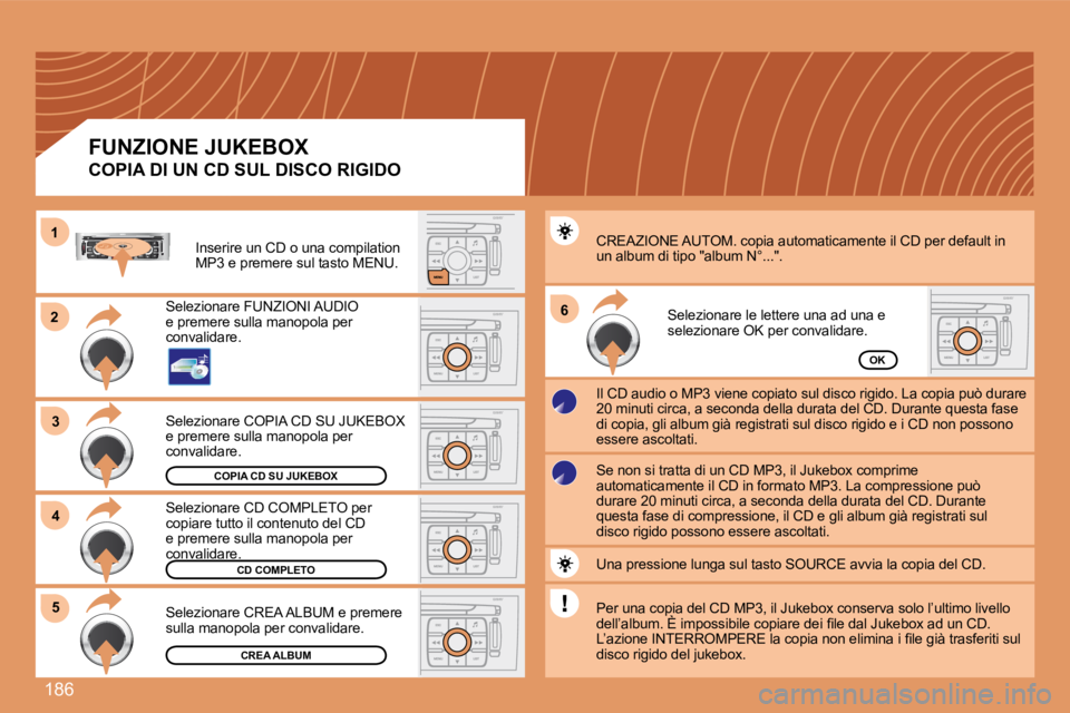 Peugeot 308 2007.5  Manuale del proprietario (in Italian) 186
22
33
66
44
55
11
OK
CREA ALBUM
CD COMPLETO
COPIA CD SU JUKEBOX
Selezionare COPIA CD SU JUKEBOX e premere sulla manopola per convalidare.
Selezionare CD COMPLETO per copiare tutto il contenuto del