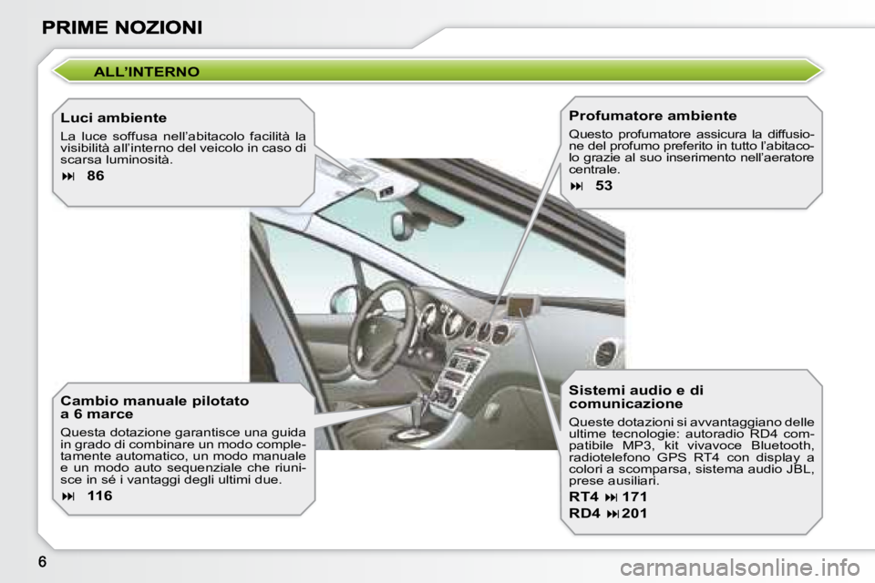 Peugeot 308 2007.5  Manuale del proprietario (in Italian) ALL’INTERNO
Luci ambiente
La  luce  soffusa  nell’abitacolo  facilità  la visibilità all’interno del veicolo in caso di scarsa luminosità.
�86
Cambio manuale pilotatoa 6 marce
Questa dotaz