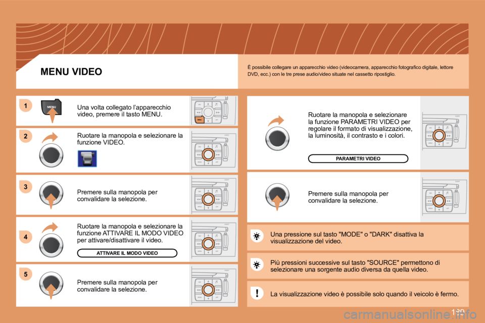 Peugeot 308 2007.5  Manuale del proprietario (in Italian) 189
11
22
33
44
55
�È� �p�o�s�s�i�b�i�l�e� �c�o�l�l�e�g�a�r�e� �u�n� �a�p�p�a�r�e�c�c�h�i�o� �v�i�d�e�o� �(�v�i�d�e�o�c�a�m�e�r�a�,� �a�p�p�a�r�e�c�c�h�i�o� �f�o�t�o�g�r�a�ﬁ� �c�o� �d�i�g�i�t�a�l�e