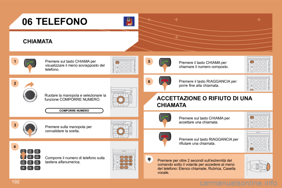 Peugeot 308 2007.5  Manuale del proprietario (in Italian) 192
11
22
33
44
55
66
06TELEFONO
CHIAMATA
Ruotare la manopola e selezionare la funzione COMPORRE NUMERO.
Premere sul tasto CHIAMA per visualizzare il menù sovrapposto del telefono.
Premere sulla mano
