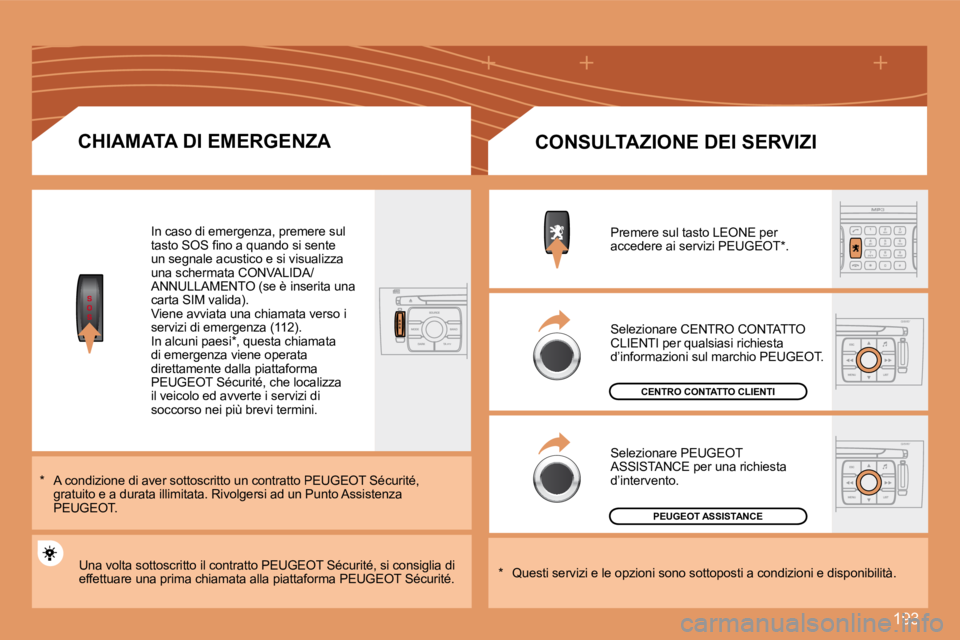 Peugeot 308 2007.5  Manuale del proprietario (in Italian) 193
CHIAMATA DI EMERGENZA
*  A condizione di aver sottoscritto un contratto PEUGEOT Sécurité, OTgratuito e a durata illimitata. Rivolgersi ad un Punto Assistenza PEUGEOT. EOTEOT
In caso di emergenza