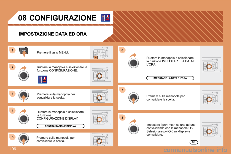 Peugeot 308 2007.5  Manuale del proprietario (in Italian) 196
11
22
33
44
55
66
77
88
08CONFIGURAZIONE
IMPOSTAZIONE DATA ED ORA
Premere il tasto MENU.
Ruotare la manopola e selezionare la funzione CONFIGURAZIONE.
Premere sulla manopola per convalidare la sce