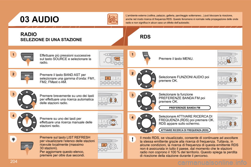 Peugeot 308 2007.5 Manuale del proprietario (in Italian) 204
11
22
33
44
2
44
33
11
03AUDIO
RADIO
SELEZIONE DI UNA STAZIONE
Effettuare più pressioni successive sul tasto SOURCE e selezionare la radio.
Premere il tasto BAND AST per selezionare una gamma d Peugeot 308 2007.5 Manuale del proprietario (in Italian) 204
11
22
33
44
2
44
33
11
03AUDIO
RADIO
SELEZIONE DI UNA STAZIONE
Effettuare più pressioni successive sul tasto SOURCE e selezionare la radio.
Premere il tasto BAND AST per selezionare una gamma d