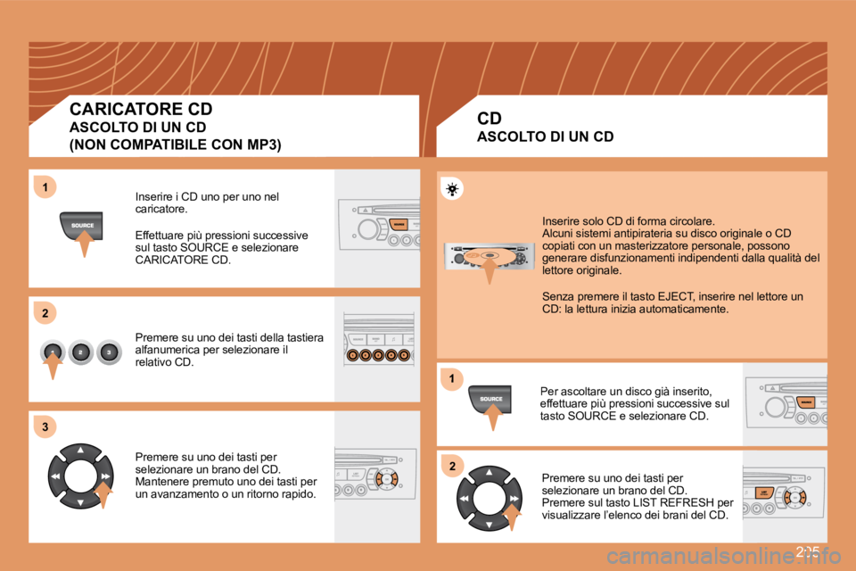Peugeot 308 2007.5  Manuale del proprietario (in Italian) 205
11
22
33
1
22
CARICATORE CD
ASCOLTO DI UN CD 
(NON COMPATIBILE CON MP3)
Inserire i CD uno per uno nel caricatore.
Effettuare più pressioni successive sul tasto SOURCE e selezionare CARICATORE CD.