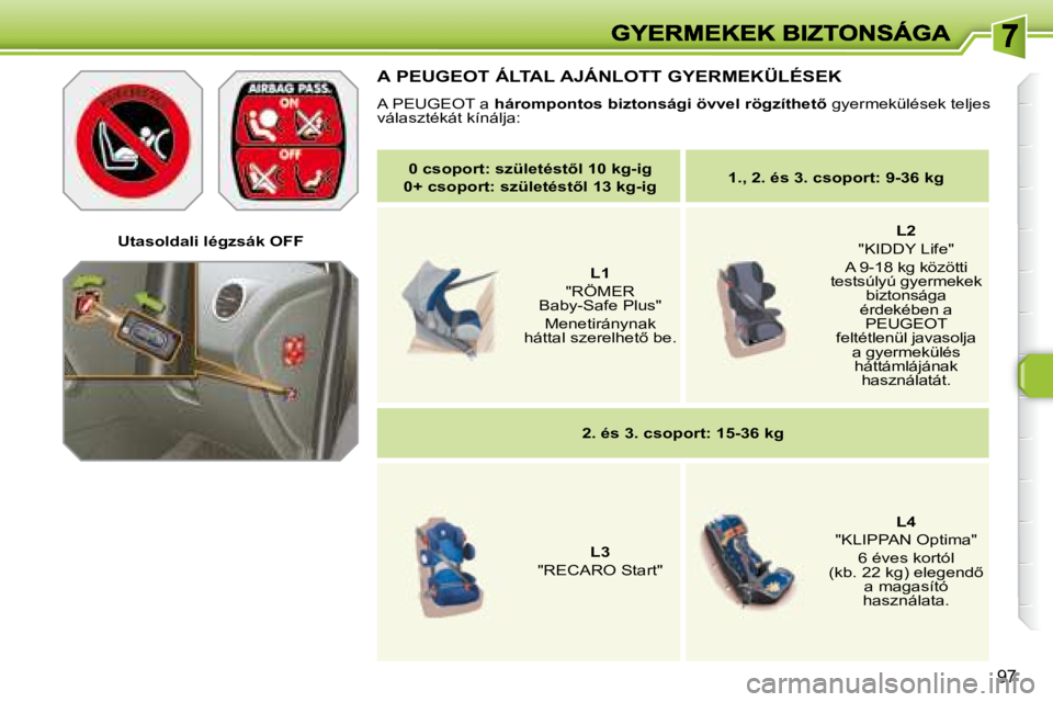 Peugeot 308 2007.5  Kezelési útmutató (in Hungarian) �9�7
Utasoldali légzsák OFF
A PEUGEOT ÁLTAL AJÁNLOTT GYERMEKÜLÉSEK
�A� �P�E�U�G�E�O�T� �a� �h�á�r�o�m�p�o�n�t�o�s� �b�i�z�t�o�n�s�á�g�i� �ö�v�v�e�l� �r�ö�g�z�í�t�h�e�t5� gyermekülések te