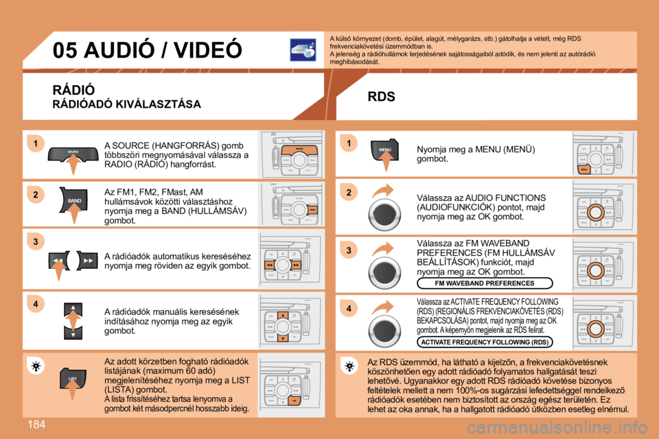 Peugeot 308 2007.5  Kezelési útmutató (in Hungarian) �1�8�4
11
22
33
44
11
22
33
44
05�A�U�D�I�Ó� �/� �V�I�D�E�Ó
RÁDIÓ
RÁDIÓADÓ KIVÁLASZTÁSA
�A� �S�O�U�R�C�E� �(�H�A�N�G�F�O�R�R�Á�S�)� �g�o�m�b� többszöri megnyomásával válassza a RADIO (R