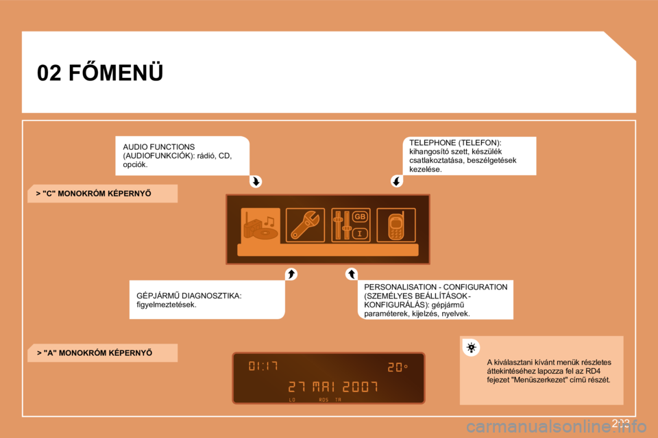 Peugeot 308 2007.5  Kezelési útmutató (in Hungarian) 203
02�F4�M�E�N�Ü
AUDIO FUNCTIONS (AUDIOFUNKCIÓK): rádió, CD, opciók.
�G�É�P�J�Á�R�MB� �D�I�A�G�N�O�S�Z�T�I�K�A�:� �ﬁ� �g�y�e�l�m�e�z�t�e�t�é�s�e�k�.
TELEPHONE (TELEFON): kihangosító sze
