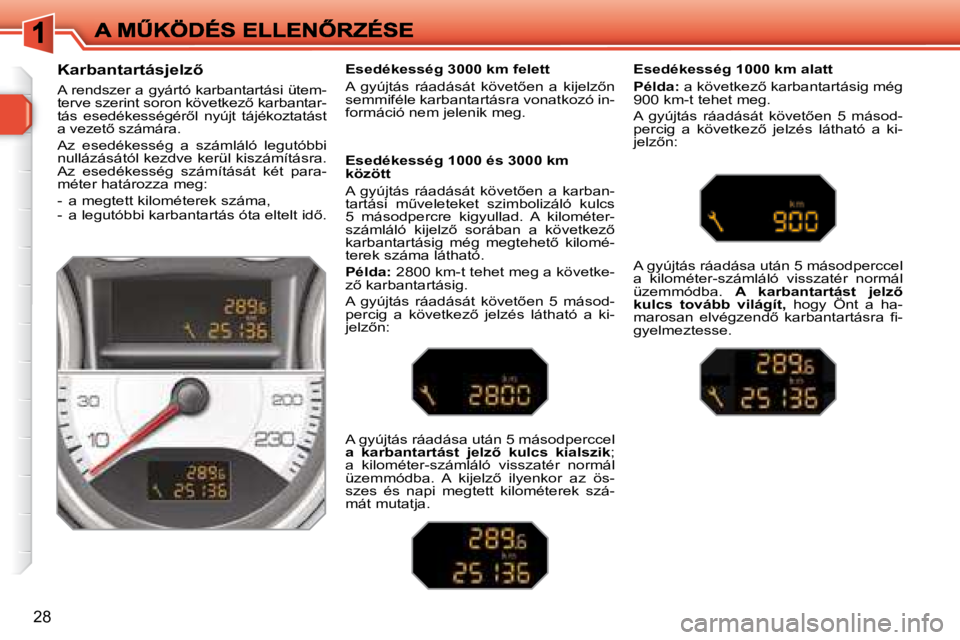 Peugeot 308 2007.5  Kezelési útmutató (in Hungarian) 28
�K�a�r�b�a�n�t�a�r�t�á�s�j�e�l�z5
A rendszer a gyártó karbantartási ütem-�t�e�r�v�e� �s�z�e�r�i�n�t� �s�o�r�o�n� �k�ö�v�e�t�k�e�z5� �k�a�r�b�a�n�t�a�r�-�t�á�s�  �e�s�e�d�é�k�e�s�s�é�g�é