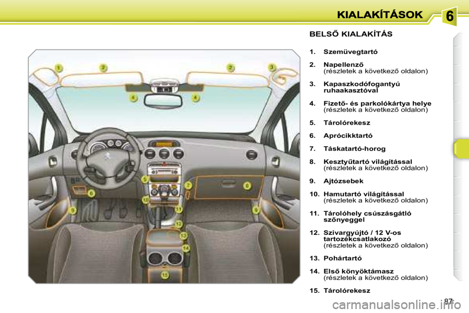 Peugeot 308 2007.5  Kezelési útmutató (in Hungarian) �8�7
�B�E�L�S4� �K�I�A�L�A�K�Í�T�Á�S
1.  Szemüvegtartó
�2�.�  �N�a�p�e�l�l�e�n�z5�(�r�é�s�z�l�e�t�e�k� �a� �k�ö�v�e�t�k�e�z5� �o�l�d�a�l�o�n�)
3.  Kapaszkodófogantyú ruhaakasztóval
�4�.�  