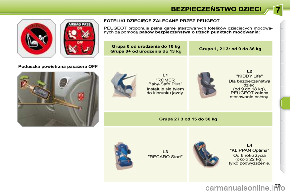 Peugeot 308 2007.5  Instrukcja Obsługi (in Polish) �9�7
�P�o�d�u�s�z�k�a� �p�o�w�i�e�t�r�z�n�a� �p�a�s�aG�e�r�a� �O�F�F
�F�O�T�E�L�I�K�I� �D�Z�I�E�C�I	�C�E� �Z�A�L�E�C�A�N�E� �P�R�Z�E�Z� �P�E�U�G�E�O�T
�P�E�U�G�E�O�T�  �p�r�o�p�o�n�u�j�e�  �p�e�ł�n
