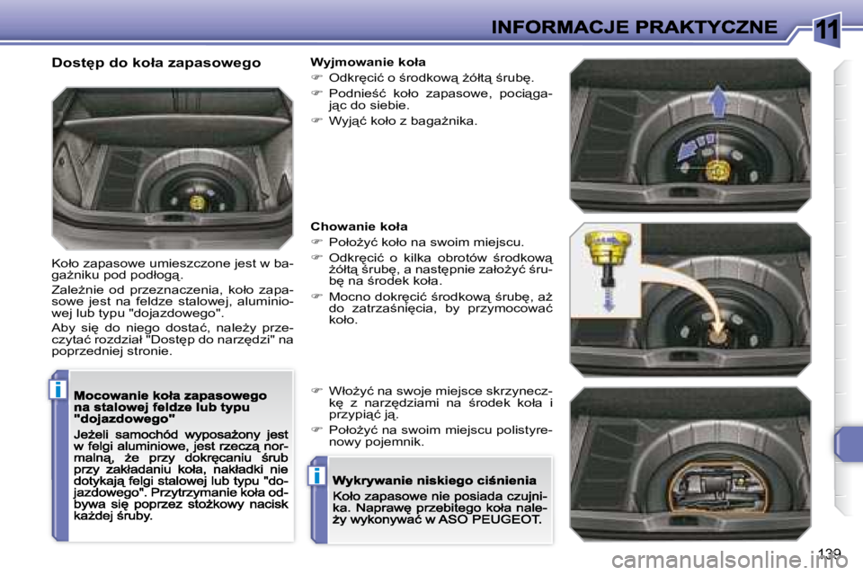 Peugeot 308 2007.5  Instrukcja Obsługi (in Polish) 11
i
i
�1�3�9
�D�o�s�t'�p� �d�o� �k�o�ł�a� �z�a�p�a�s�o�w�e�g�o
�K�o�ł�o� �z�a�p�a�s�o�w�e� �u�m�i�e�s�z�c�z�o�n�e� �j�e�s�t� �w� �b�a�-�g�aG�n�i�k�u� �p�o�d� �p�o�d�ł�o�g"�.
�Z�a�l�eG�