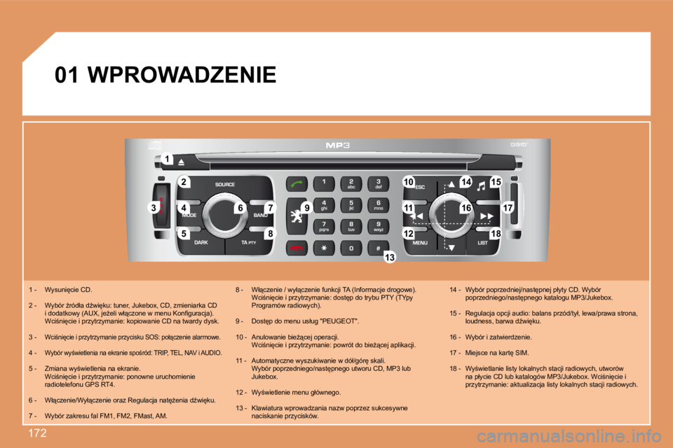 Peugeot 308 2007.5  Instrukcja Obsługi (in Polish) �1�7�2
22
11
55
3344
�8�8
�9�9
�1�0�1�01515
11111717
�1�8�1�81212
1616
1414
7766
1313
�0�1
�1� �-�  �W�y�s�u�n�i
�c�i�e� �C�D�.
�2� �-�  � �W�y�b�ó�r� E�r�ó�d�ł�a� �dE�w�i
�k�u�:� �t�u�n�e�r�,�