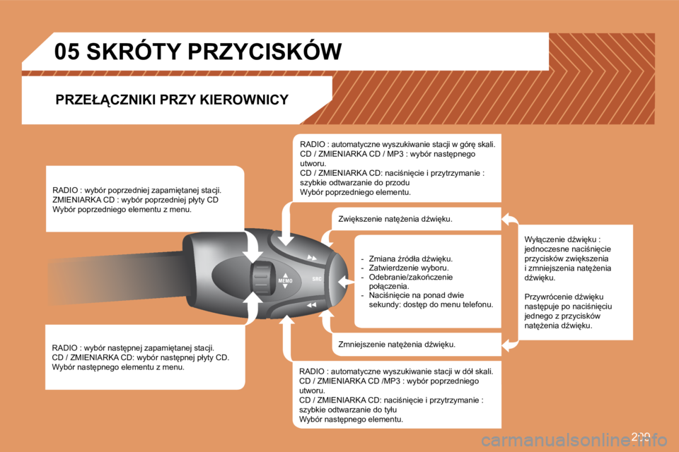 Peugeot 308 2007.5  Instrukcja Obsługi (in Polish) �2�0�9
�0�5
�R�A�D�I�O� �:� �w�y�b�ó�r� �n�a�s�t
�p�n�e�j� �z�a�p�a�m�i
�t�a�n�e�j� �s�t�a�c�j�i�.�C�D� �/� �Z�M�I�E�N�I�A�R�K�A� �C�D�:� �w�y�b�ó�r� �n�a�s�t
�p�n�e�j� �p�ł�y�t�y� �C�D�.�W�y�b�