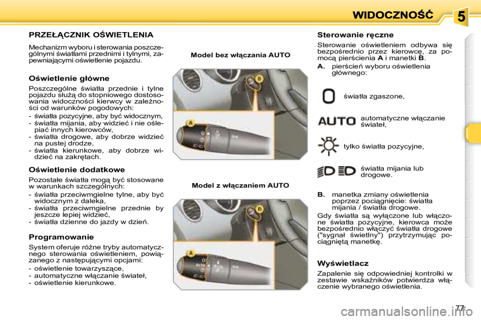 Peugeot 308 2007.5  Instrukcja Obsługi (in Polish) �7�7
�P�R�Z�E�Ł�C�Z�N�I�K� �O:�W�I�E�T�L�E�N�I�A� 
�M�e�c�h�a�n�i�z�m� �w�y�b�o�r�u� �i� �s�t�e�r�o�w�a�n�i�a� �p�o�s�z�c�z�e�-�g�ó�l�n�y�m�i� ;�w�i�a�t�ł�a�m�i� �p�r�z�e�d�n�i�m�i� �i� �t�y�l�