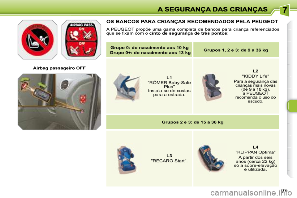 Peugeot 308 2007.5  Manual do proprietário (in Portuguese) 97
Airbag passageiro OFF
OS BANCOS PARA CRIANÇAS RECOMENDADOS PELA PEUGEOT
A  PEUGEOT  propõe  uma  gama  completa  de  bancos  para  criança  referenciados �q�u�e� �s�e� �ﬁ� �x�a�m� �c�o�m� �o c