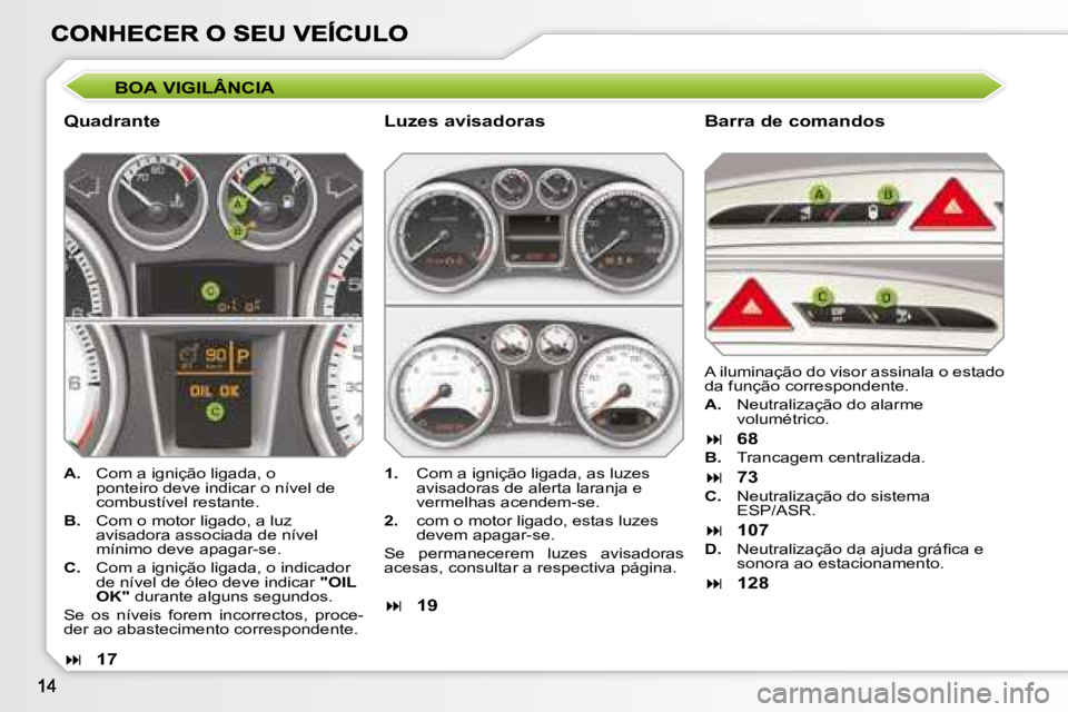 Peugeot 308 2007.5 Manual do proprietário (in Portuguese) BOA VIGILÂNCIA
QuadranteBarra de comandos
A. Com a ignição ligada, o ponteiro deve indicar o nível de combustível restante.
B. Com o motor ligado, a luz avisadora associada de nível mínimo de Peugeot 308 2007.5 Manual do proprietário (in Portuguese) BOA VIGILÂNCIA
QuadranteBarra de comandos
A. Com a ignição ligada, o ponteiro deve indicar o nível de combustível restante.
B. Com o motor ligado, a luz avisadora associada de nível mínimo de
