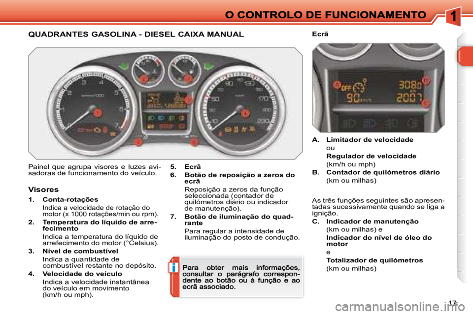 Peugeot 308 2007.5 Manual do proprietário (in Portuguese) i
17
QUADRANTES GASOLINA - DIESEL CAIXA MANUAL
Painel que agrupa visores e luzes avi-sadoras de funcionamento do veículo.5.Ecrã
6.Botão de reposição a zeros do ecrã
Reposição a zeros d Peugeot 308 2007.5 Manual do proprietário (in Portuguese) i
17
QUADRANTES GASOLINA - DIESEL CAIXA MANUAL
Painel que agrupa visores e luzes avi-sadoras de funcionamento do veículo.5.Ecrã
6.Botão de reposição a zeros do ecrã
Reposição a zeros d