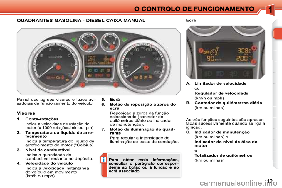 Peugeot 308 2007.5  Manual do proprietário (in Portuguese) i
17
QUADRANTES GASOLINA - DIESEL CAIXA MANUAL
Painel  que  agrupa  visores  e  luzes  avi-sadoras de funcionamento do veículo.5.Ecrã
6.Botão de reposição a zeros do ecrã
  Reposição a zeros d