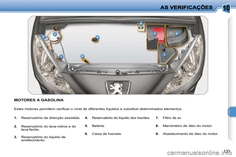 Peugeot 308 2007.5  Manual do proprietário (in Portuguese) 10
133
MOTORES A GASOLINA
�E�s�t�e�s� �m�o�t�o�r�e�s� �p�e�r�m�i�t�e�m� �v�e�r�i�ﬁ� �c�a�r� �o� �n�í�v�e�l� �d�e� �d�i�f�e�r�e�n�t�e�s� �l�í�q�u�i�d�o�s� �e� �s�u�b�s�t�i�t�u�i�r� �d�e�t�e�r�m�i�n