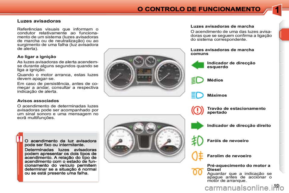 Peugeot 308 2007.5  Manual do proprietário (in Portuguese) !
Luzes avisadoras
Referências  visuais  que  informam  o condutor  relativamente  ao  funciona-mento de um sistema (luzes avisadoras de  marcha  ou  de  neutralização)  ou  ao surgimento de uma fa