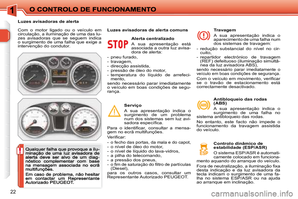 Peugeot 308 2007.5  Manual do proprietário (in Portuguese) !
22
Com  o  motor  ligado  ou  o  veículo  em circulação, a iluminação de uma das lu-zes  avisadoras  que  se  seguem  indica �o� �s�u�r�g�i�m�e�n�t�o� �d�e� �u�m�a� �f�a�l�h�a� �q�u�e� �e�x�i�g