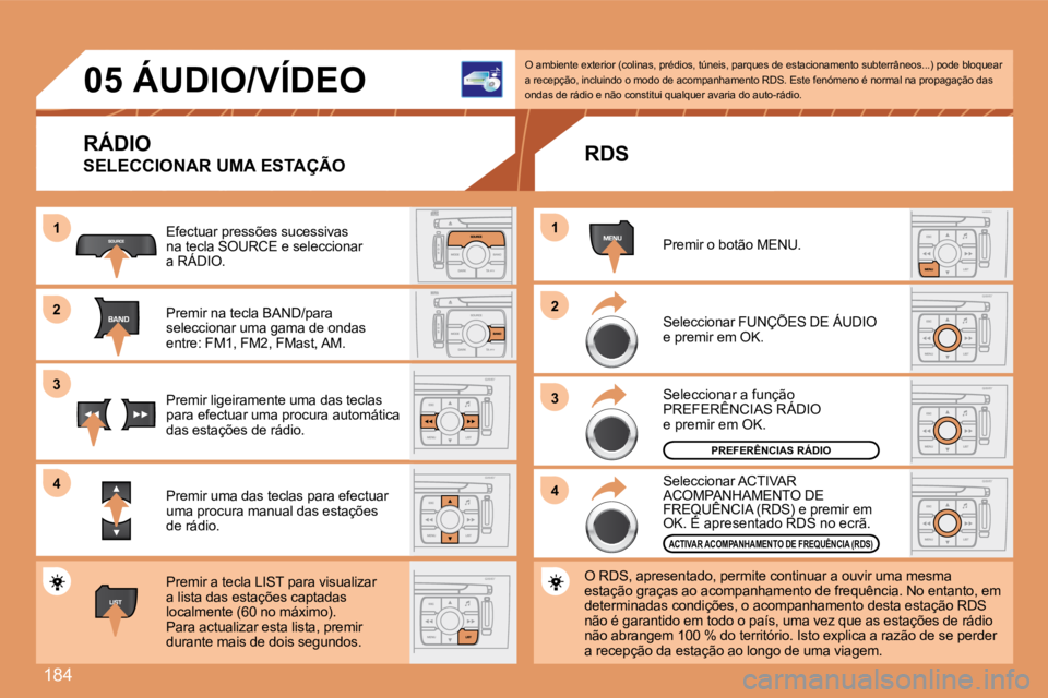 Peugeot 308 2007.5  Manual do proprietário (in Portuguese) 184
11
22
33
44
11
22
33
44
05ÁUDIO/VÍDEO
RÁDIO
SELECCIONAR UMA ESTAÇÃO
Efectuar pressões sucessivas na tecla SOURCE e seleccionar a RÁDIO.
Premir na tecla BAND/para seleccionar uma gama de ond