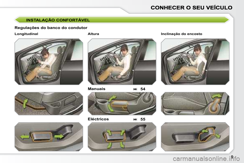 Peugeot 308 2007.5  Manual do proprietário (in Portuguese) INSTALAÇÃO CONFORTÁVEL
Regulações do banco do condutor
Manuais
Eléctricos
Longitudinal
�54
�55
Inclinação do encostoAltura               