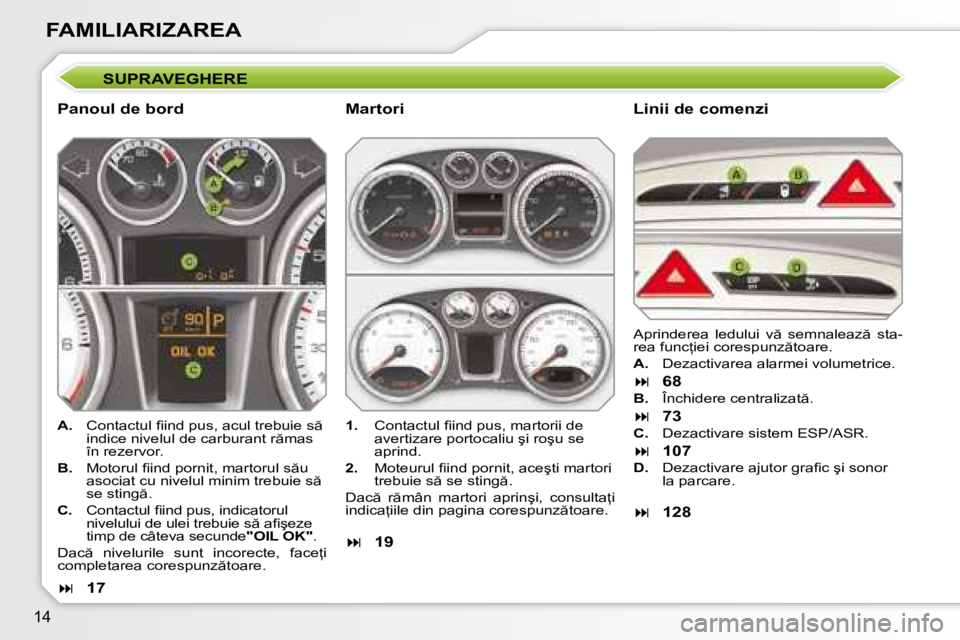 Peugeot 308 2007.5  Manualul de utilizare (in Romanian) �1�4
FAMILIARIZAREA
�S�U�P�R�A�V�E�G�H�E�R�E
�P�a�n�o�u�l� �d�e� �b�o�r�d�L�i�n�i�i� �d�e� �c�o�m�e�n�z�i
A. �  �C�o�n�t�a�c�t�u�l� �i� �i�n�d� �p�u�s�,� �a�c�u�l� �t�r�e�b�u�i�e� �s � 
�i�n�d�i�c�e�