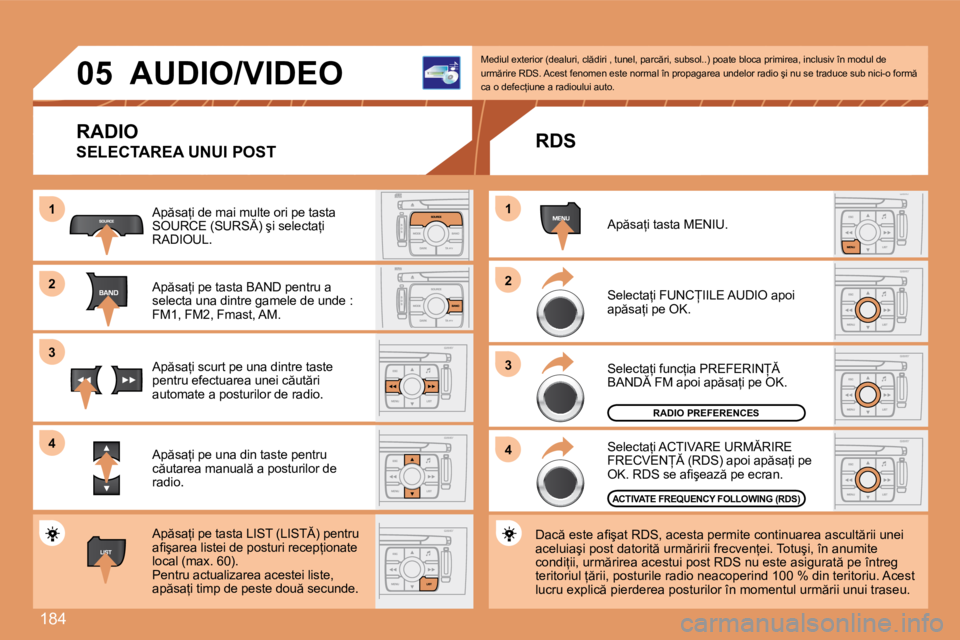 Peugeot 308 2007.5  Manualul de utilizare (in Romanian) �1�8�4
�1 
�2 
�3 
4�1 
�2 
�3
4
�0�5� �A�U�D�I�O�/�V�I�D�E�O
RADIO 
�S�E�L�E�C�T�A�R�E�A� �U�N�U�I� �P�O�S�T
�A�p �s�a=�i� �d�e� �m�a�i� �m�u�l�t�e� �o�r�i� �p�e� �t�a�s�t�a�  
�S�O�U�R�C�E� �(�S�U