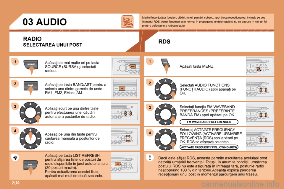 Peugeot 308 2007.5  Manualul de utilizare (in Romanian) �2�0�4
�1 
�2 
�3 
4
�2 
4
�3
�1
�0�3
AUDIO
RADIO 
�S�E�L�E�C�T�A�R�E�A� �U�N�U�I� �P�O�S�T
�A�p �s�a=�i� �d�e� �m�a�i� �m�u�l�t�e� �o�r�i� �p�e� �t�a�s�t�a�  
�S�O�U�R�C�E� �(�S�U�R�S�)� �ş�i� �