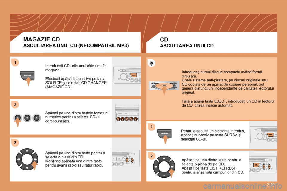 Peugeot 308 2007.5  Manualul de utilizare (in Romanian) �2�0�5
�1 
�2 
�3
�1�2
�M�A�G�A�Z�I�E� �C�D 
�A�S�C�U�L�T�A�R�E�A� �U�N�U�I� �C�D� �(�N�E�C�O�M�P�A�T�I�B�I�L� �M�P�3�) �I�n�t�r�o�d�u�c�e=�i� �C�D�-�u�r�i�l�e� �u�n�u�l� �c�â�t�e� �u�n�u�l� �î�n� 
