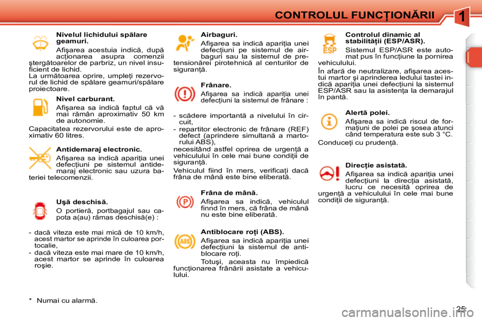 Peugeot 308 2007.5  Manualul de utilizare (in Romanian) 1
25
�C�O�N�T�R�O�L�U�L� �F�U�N�C�I�O�N�R�I�I
�A�i�r�b�a�g�u�r�i�. 
�A�i� �ş�a�r�e�a�  �s�a�  �i�n�d�i�c �  �a�p�a�r�i=�i�a�  �u�n�e�i�  
�d�e�f�e�c=�i�u�n�i�  �p�e�  �s�i�s�t�e�m�u�l�  �d�e� 