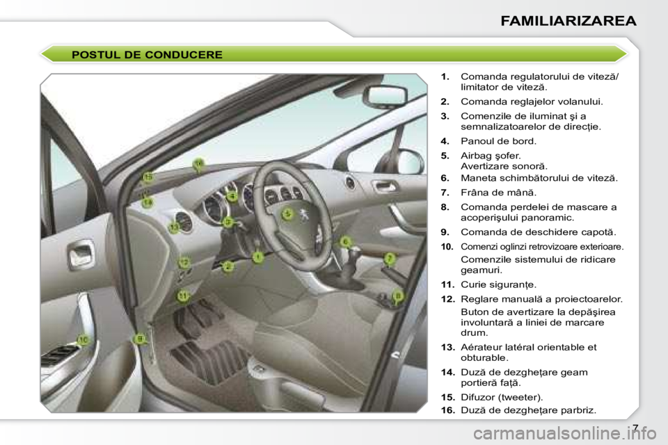 Peugeot 308 2007.5  Manualul de utilizare (in Romanian) �7
FAMILIARIZAREA
POSTUL DE CONDUCERE
1.�  �C�o�m�a�n�d�a� �r�e�g�u�l�a�t�o�r�u�l�u�i� �d�e� �v�i�t�e�z �/
�l�i�m�i�t�a�t�o�r� �d�e� �v�i�t�e�z �.
2. �  �C�o�m�a�n�d�a� �r�e�g�l�a�j�e�l�o�r� �v�o�l�