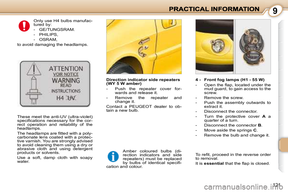 PEUGEOT 1007 2008  Owners Manual 9
121
 Only use H4 bulbs manufac- 
tured by:  
   -   GE/TUNGSRAM. 
  -   PHILIPS, 
  -   OSRAM,  
 to avoid damaging the headlamps. 
  Direction indicator side repeaters  
(WY 5 W amber)  
   -   Pus