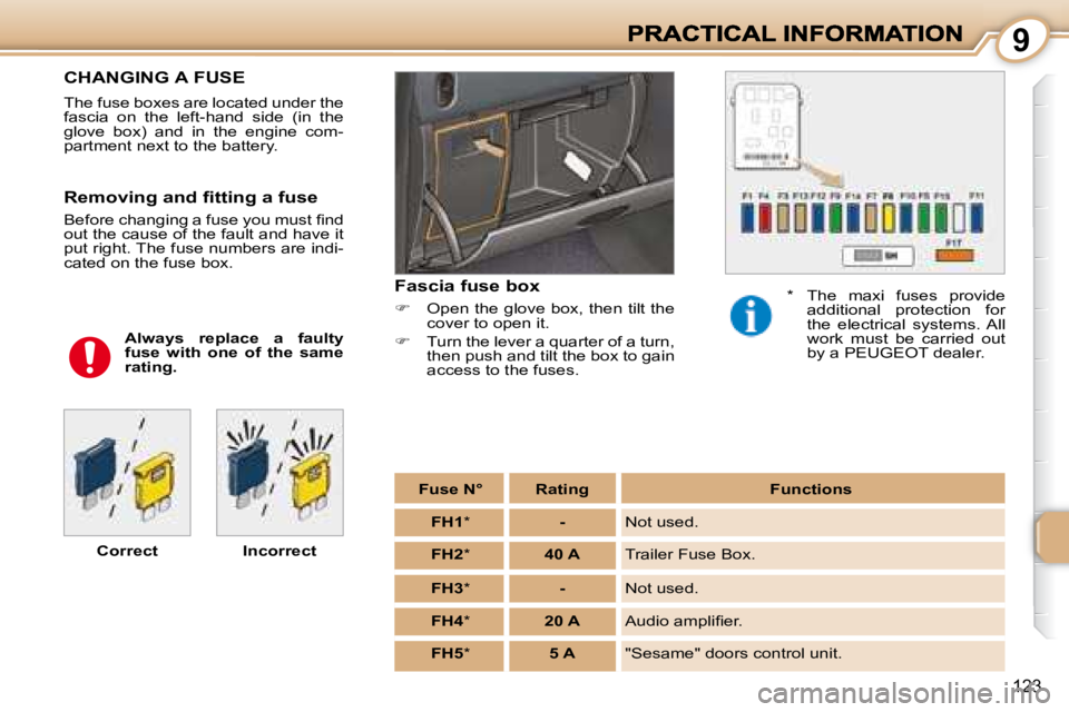 PEUGEOT 1007 2008  Owners Manual 9
123
               CHANGING A FUSE 
 The fuse boxes are located under the  
fascia  on  the  left-hand  side  (in  the 
glove  box)  and  in  the  engine  com-
partment next to the battery.   Correc