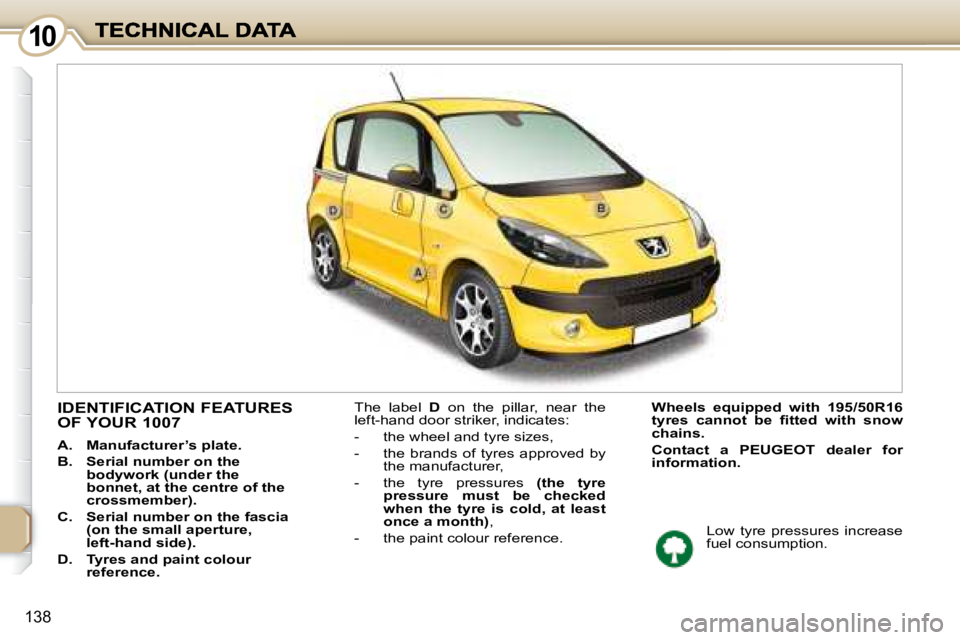 PEUGEOT 1007 2008  Owners Manual 1010
138
               IDENTIFICATION FEATURES OF YOUR 1007 
   
A.     Manufacturer’s plate.   
  
B.     Serial number on the  
bodywork (under the 
bonnet, at the centre of the 
crossmember).   