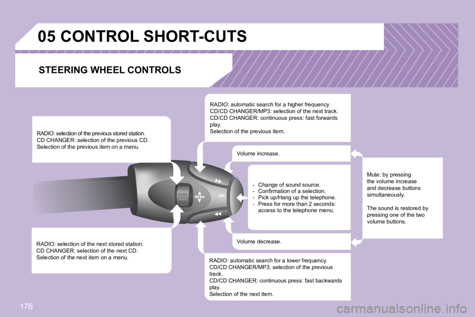 PEUGEOT 1007 2008  Owners Manual �0�5
176
 RADIO: selection of the next stored station.  
 CD CHANGER: selection of the next CD. 
 Selection of the next item on a menu.   RADIO: selection of the previous stored station. 
 CD CHANGER: