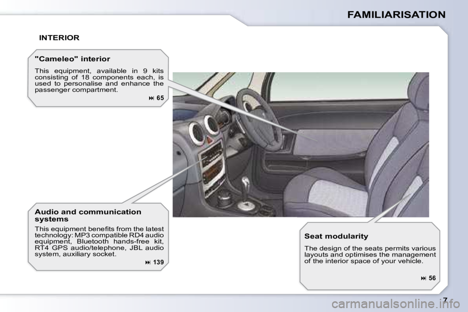PEUGEOT 1007 2008  Owners Manual FAMILIARISATION
 INTERIOR 
  Audio and communication  
systems  
� �T�h�i�s� �e�q�u�i�p�m�e�n�t� �b�e�n�e�ﬁ� �t�s� �f�r�o�m� �t�h�e� �l�a�t�e�s�t�  
technology: MP3 compatible RD4 audio 
equipment, 