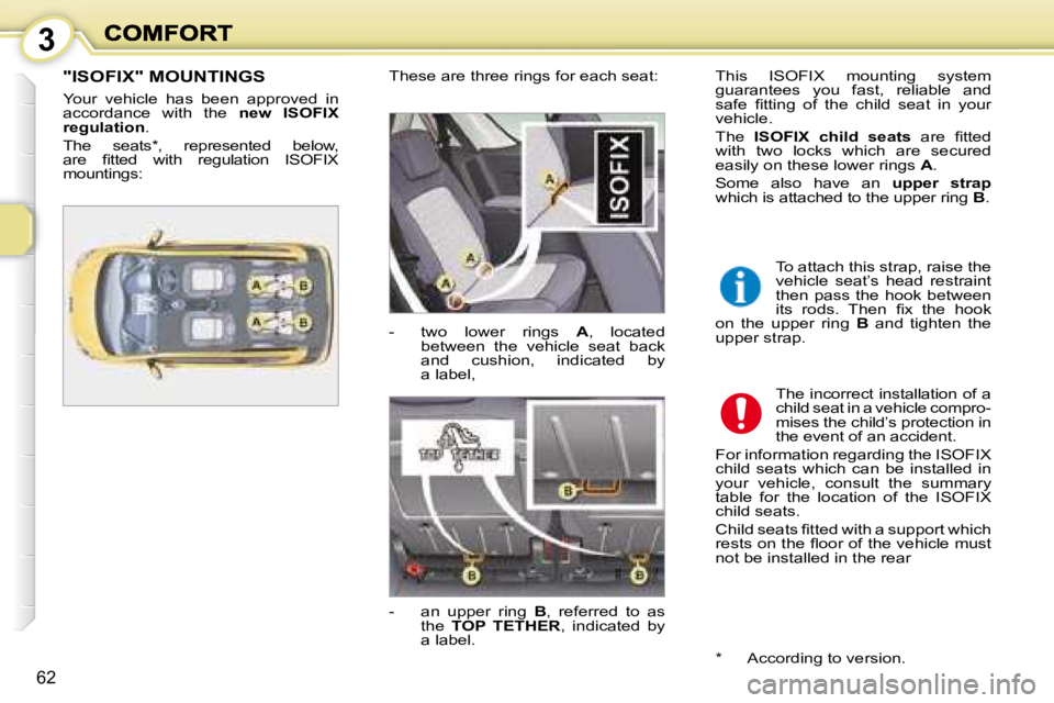 PEUGEOT 1007 2008 Workshop Manual 3
62
  "ISOFIX" MOUNTINGS  
 Your  vehicle  has  been  approved  in  
accordance  with  the   new  ISOFIX 
regulation  . 
 The  seats * ,  represented  below, 
�a�r�e�  � �ﬁ� �t�t�e�d�  �w�i