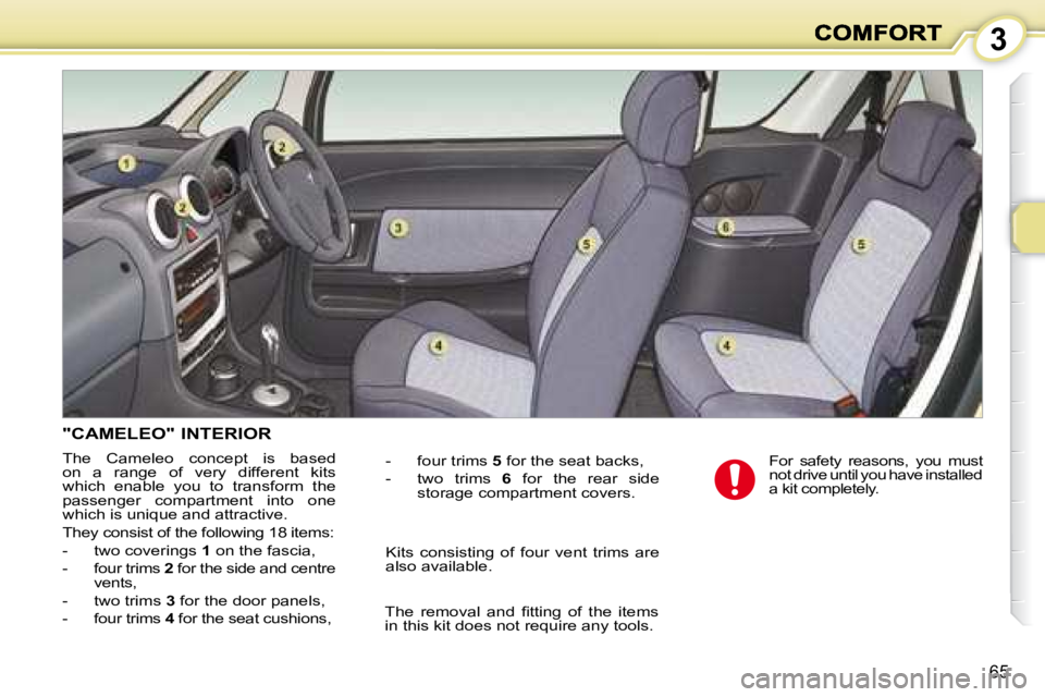 PEUGEOT 1007 2008 Repair Manual 3
65
           "CAMELEO" INTERIOR 
 The  Cameleo  concept  is  based  
on  a  range  of  very  different  kits 
which   enable  you  to  transform  the 
 passenger  compartment  into  one 
wh
