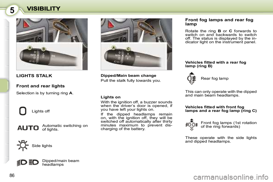 PEUGEOT 1007 2008 Manual Online 5
86
                             LIGHTS STALK 
 Lights off  Automatic  switching  on  
of lights. 
 Side lights   Dipped/main beam 
headlamps    Dipped/Main beam change  
 Pull the stalk fully toward