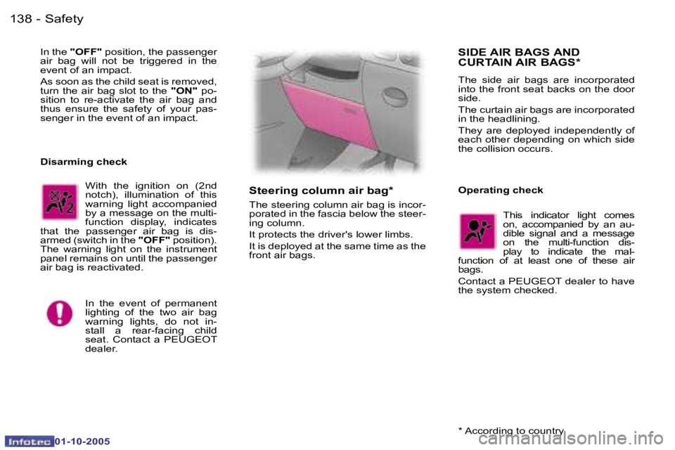 PEUGEOT 1007 2005  Owners Manual �1�3�8 �-�S�a�f�e�t�y
�0�1�-�1�0�-�2�0�0�5
�1�3�9
�-�S�a�f�e�t�y
�0�1�-�1�0�-�2�0�0�5
�I�n� �t�h�e� 
�"�O�F�F�"�  �p�o�s�i�t�i�o�n�,� �t�h�e� �p�a�s�s�e�n�g�e�r� 
�a�i�r�  �b�a�g�  �w�i�l�l�  