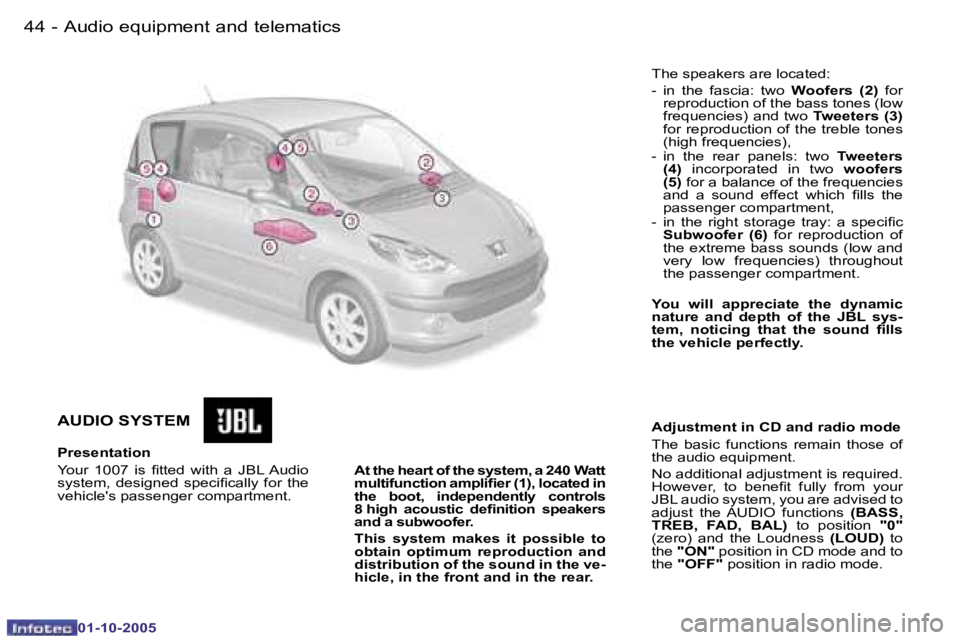 PEUGEOT 1007 2005 Service Manual �4�4 �-
�0�1�-�1�0�-�2�0�0�5
�A�U�D�I�O� �S�Y�S�T�E�M
�P�r�e�s�e�n�t�a�t�i�o�n 
�Y�o�u�r�  �1�0�0�7�  �i�s�  �i�t�t�e�d�  �w�i�t�h�  �a�  �J�B�L� �A�u�d�i�o�  
�s�y�s�t�e�m�,�  �d�e�s�i�g�n�e�d�  �s�p