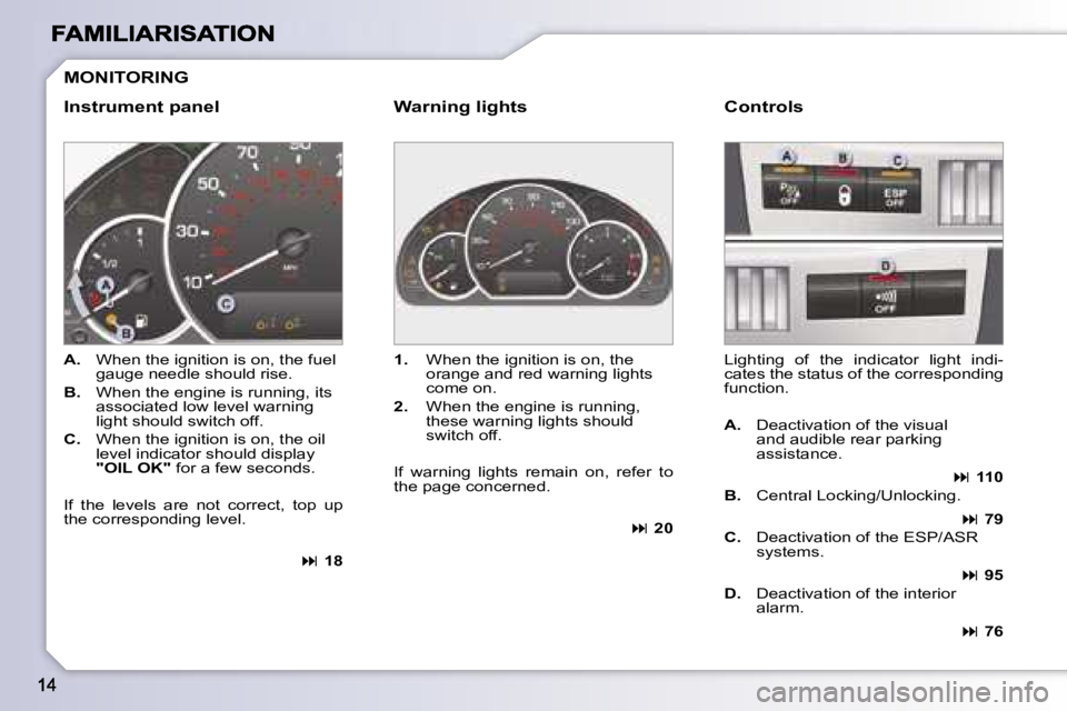 PEUGEOT 1007 2007 User Guide �M�O�N�I�T�O�R�I�N�G
�I�n�s�t�r�u�m�e�n�t� �p�a�n�e�l�W�a�r�n�i�n�g� �l�i�g�h�t�s
�A�.� �W�h�e�n� �t�h�e� �i�g�n�i�t�i�o�n� �i�s� �o�n�,� �t�h�e� �f�u�e�l� �g�a�u�g�e� �n�e�e�d�l�e� �s�h�o�u�l�d� �r�i