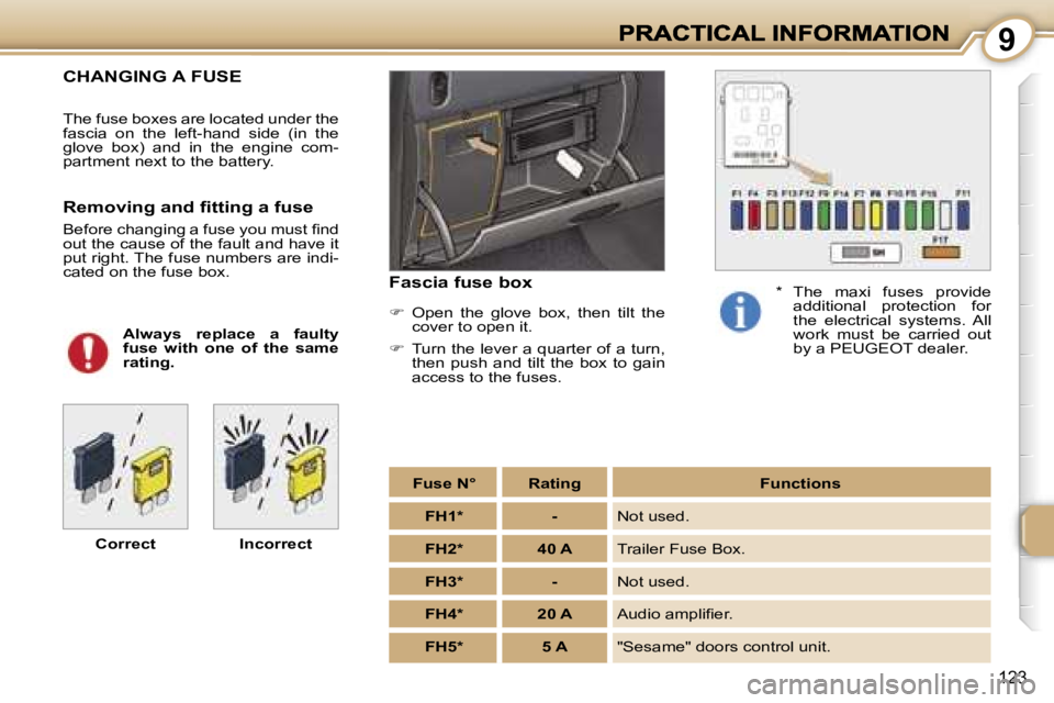 PEUGEOT 1007 2007  Owners Manual �9
�1�2�3
�C�H�A�N�G�I�N�G� �A� �F�U�S�E
�T�h�e� �f�u�s�e� �b�o�x�e�s� �a�r�e� �l�o�c�a�t�e�d� �u�n�d�e�r� �t�h�e� �f�a�s�c�i�a�  �o�n�  �t�h�e�  �l�e�f�t�-�h�a�n�d�  �s�i�d�e�  �(�i�n�  �t�h�e� �g�l�