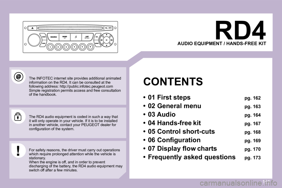 PEUGEOT 1007 2007  Owners Manual �1�6�1
�R�D�4
�A�U�D�I�O� �E�Q�U�I�P�M�E�N�T� �/� �H�A�N�D�S�-�F�R�E�E� �K�I�T
�C�O�N�T�E�N�T�S
�•�  �0�1� �F�i�r�s�t� �s�t�e�p�s� � �p�g�.� �1�6�2
�•�  �0�2� �G�e�n�e�r�a�l� �m�e�n�u� � �p�g�.� �
