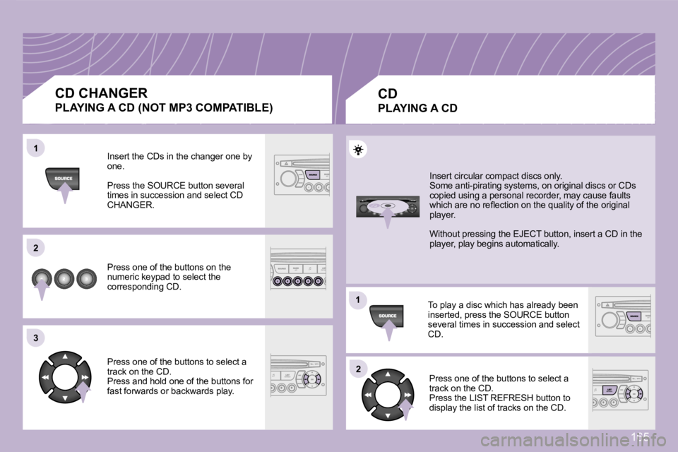 PEUGEOT 1007 2007  Owners Manual �1�1
�2�2
�3�3
�1�1
�2�2
�1�6�5
�C�D� �C�H�A�N�G�E�R
�P�L�A�Y�I�N�G� �A� �C�D� �(�N�O�T� �M�P�3� �C�O�M�P�A�T�I�B�L�E�)
�I�n�s�e�r�t� �t�h�e� �C�D�s� �i�n� �t�h�e� �c�h�a�n�g�e�r� �o�n�e� �b�y� �o�n�e