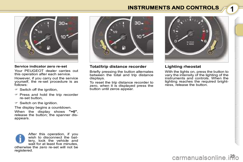 PEUGEOT 1007 2007 Owners Manual �1
�2�5
�S�e�r�v�i�c�e� �i�n�d�i�c�a�t�o�r� �z�e�r�o� �r�e�-�s�e�t
�Y�o�u�r�  �P�E�U�G�E�O�T�  �d�e�a�l�e�r�  �c�a�r�r�i�e�s�  �o�u�t� �t�h�i�s� �o�p�e�r�a�t�i�o�n� �a�f�t�e�r� �e�a�c�h� �s�e�r�v�i�c�