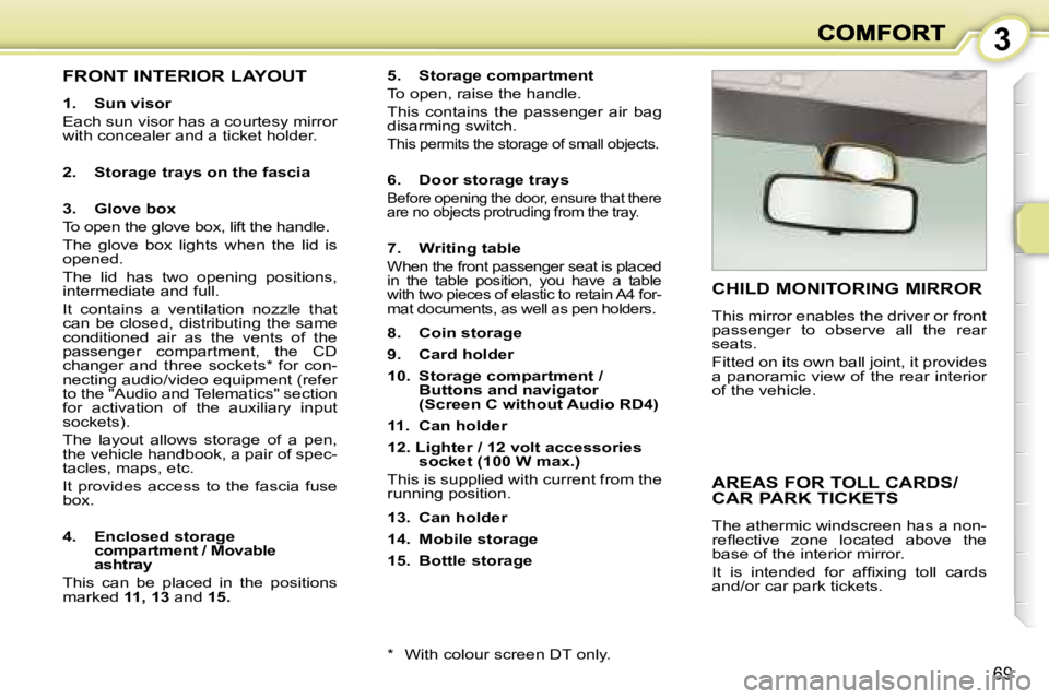 PEUGEOT 1007 2007 Repair Manual �3
�6�9
�F�R�O�N�T� �I�N�T�E�R�I�O�R� �L�A�Y�O�U�T
�1�.�  �S�u�n� �v�i�s�o�r
�E�a�c�h� �s�u�n� �v�i�s�o�r� �h�a�s� �a� �c�o�u�r�t�e�s�y� �m�i�r�r�o�r� �w�i�t�h� �c�o�n�c�e�a�l�e�r� �a�n�d� �a� �t�i�c�