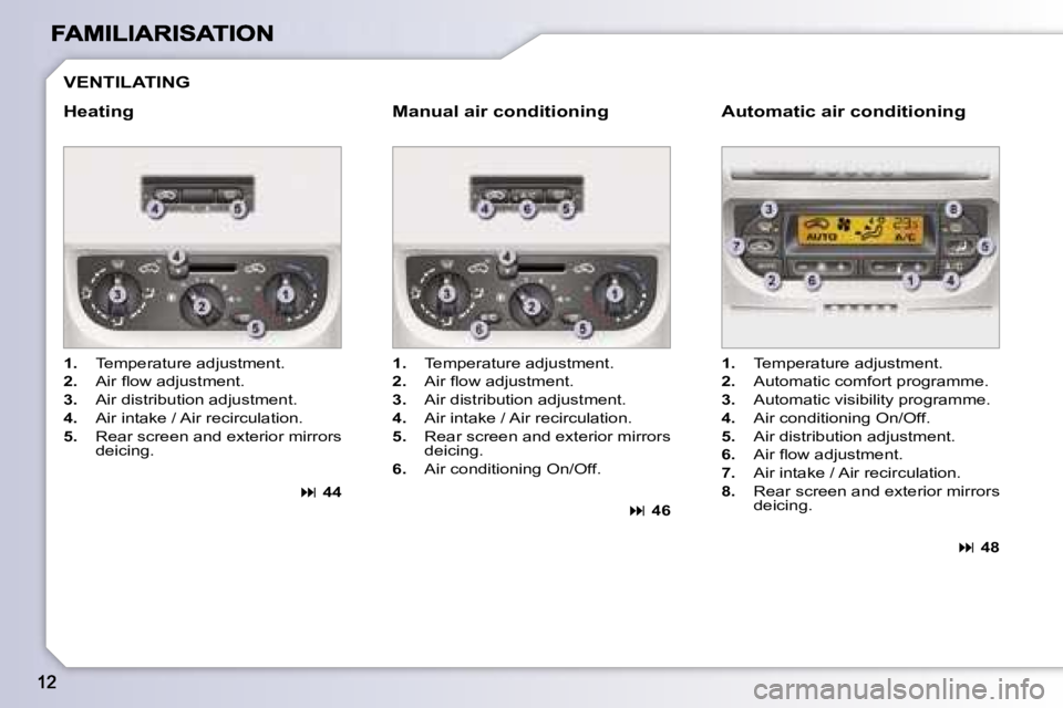PEUGEOT 1007 2007  Owners Manual �V�E�N�T�I�L�A�T�I�N�G
�H�e�a�t�i�n�g�M�a�n�u�a�l� �a�i�r� �c�o�n�d�i�t�i�o�n�i�n�g� 
�1�.� �T�e�m�p�e�r�a�t�u�r�e� �a�d�j�u�s�t�m�e�n�t�.
�2�.� �A�i�r� �ﬂ�o�w� �a�d�j�u�s�t�m�e�n�t�.
�3�.� �A�i�r� 